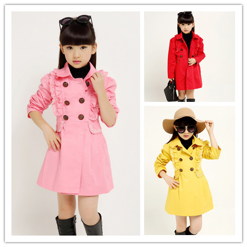 女童风衣秋装  韩版儿童中长款修身外套女孩木耳边大衣粉红色黄色