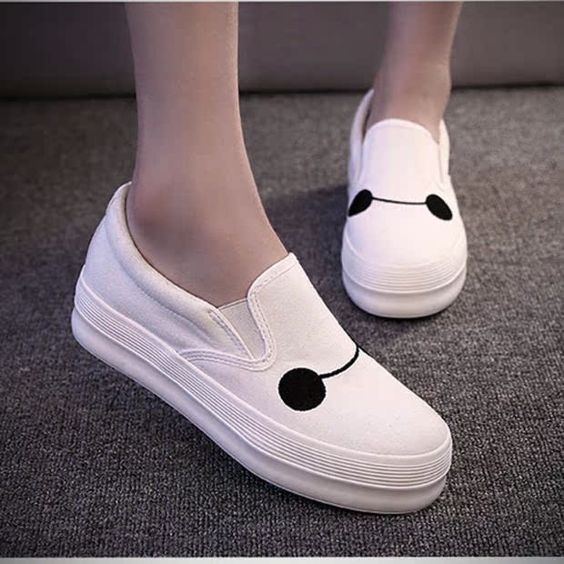 2015夏眼镜图案厚底白色帆布鞋女学生韩版休闲板鞋一脚蹬套脚单鞋