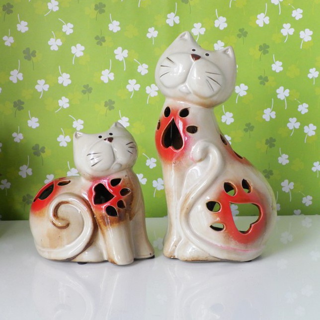 创意家居饰品特价陶瓷镂空情侣猫摆件结婚生日礼物熏香炉现代摆设