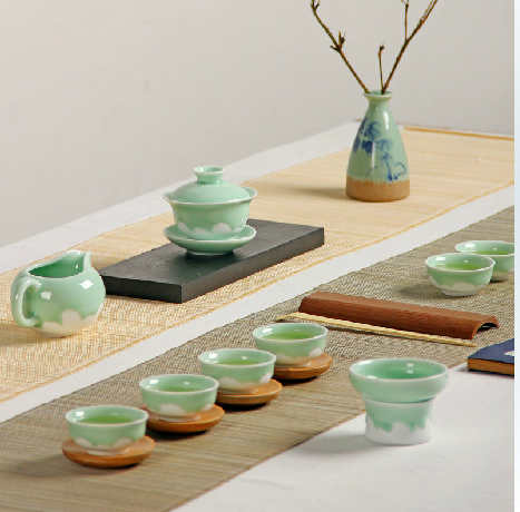 德化陶瓷青瓷流釉茶具 盖碗茶具 功夫茶具套装（清白套装）盖碗壶