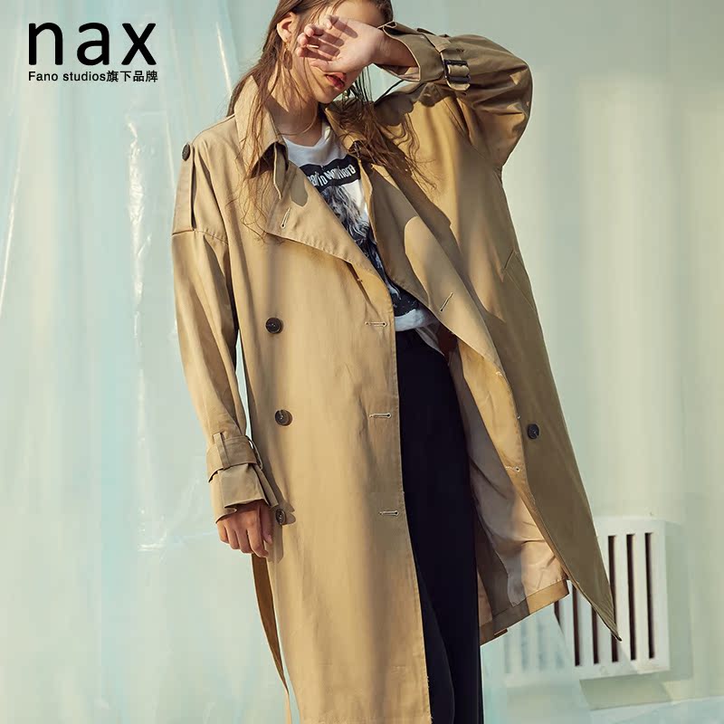 nax2016秋季新款宽松西装领双排扣卡其色风衣女收腰系带中长款