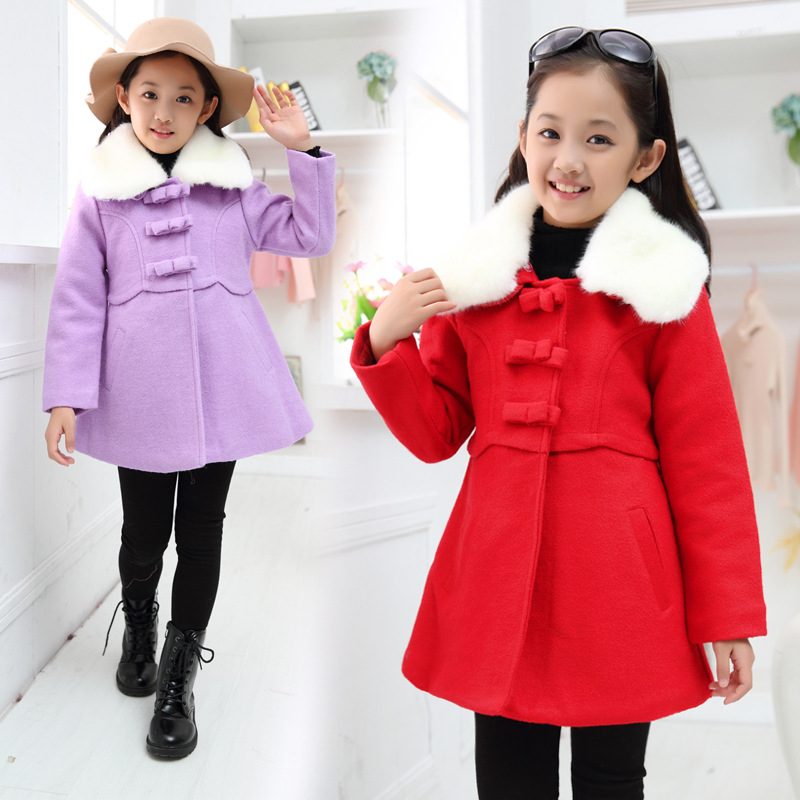 2015韩版冬装新款童装 中大童儿童公主童外套蝴蝶结女童呢大衣