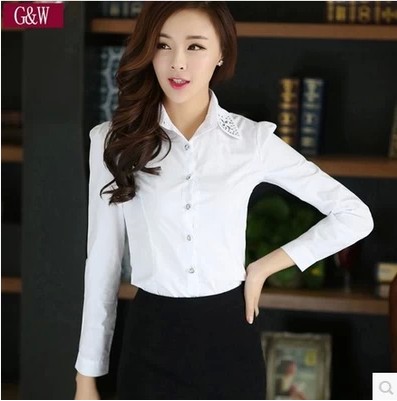 韩版2015季新款修身女衬衣长袖女装休闲钉珠水钻衬衫修身白衬衫女