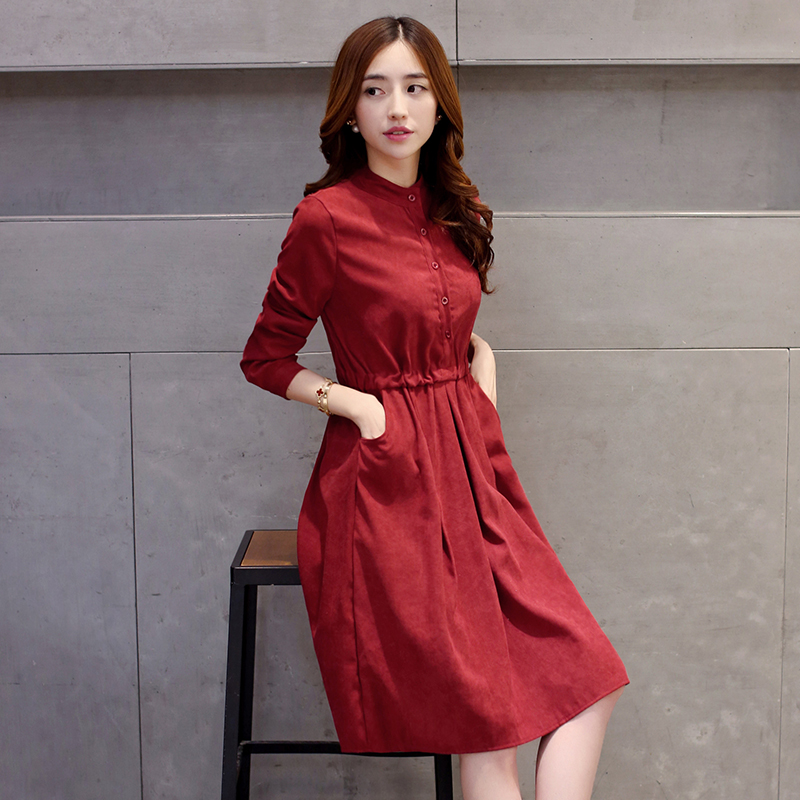 韩国代购2015早秋新款纯色秋装连衣裙长袖女装大码百褶立领打底裙