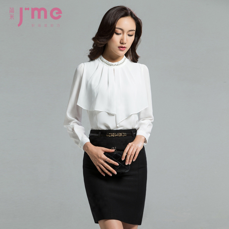 J-ME2015秋款新品职业装正装套裙 立领荷叶边白色衬衫工作服套装