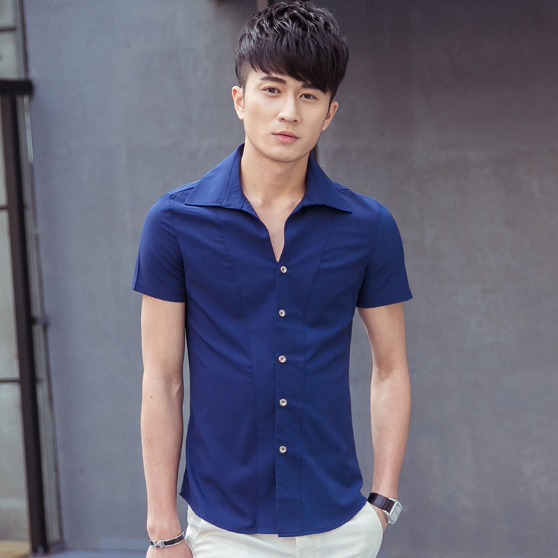 2016春夏季男士短袖衬衫韩版潮流英伦修身休闲商务纯色青少年寸衣