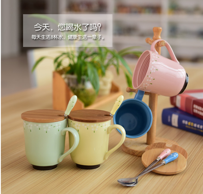 时光~～复古日式陶瓷杯 创意情侣水杯子马克杯带盖勺 早餐咖啡杯
