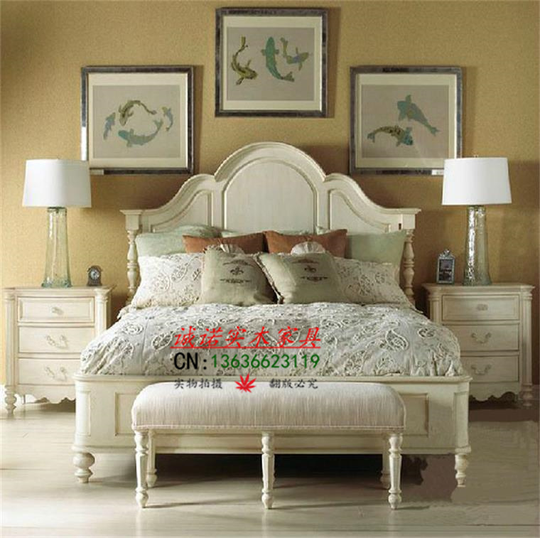 欧式法式简约复古橡木双人床 美式1.8米茉莉花白色实木床雕刻床