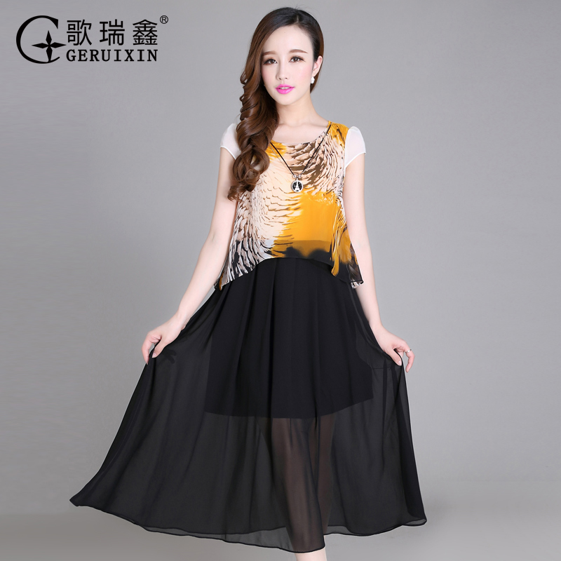 歌瑞鑫15B-L170 2015夏季新款韩版修身豹纹连衣裙 遮肚子气质长裙