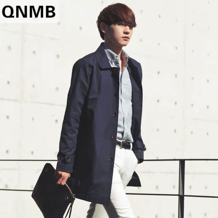 QNMB韩国男装正品现货街拍款英伦休闲翻领韩版男士纯色长款风衣