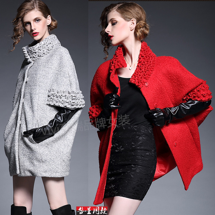 2015秋冬新款女装欧洲站明星同款时尚斗蓬外套红色气质羊毛呢大衣