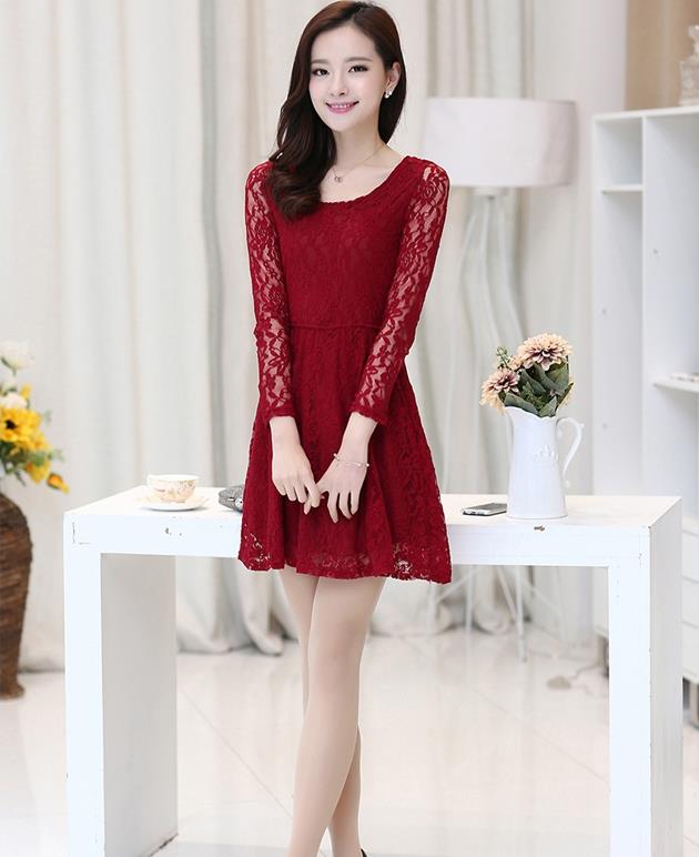 2015春装新款韩版长袖连衣裙大码修身显瘦大摆蕾丝裙