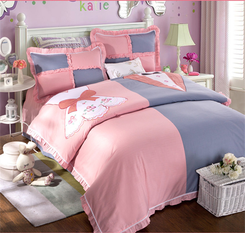 粉色全棉活性绣花刺绣四件套纯棉可爱公主斜纹四件套床上用品粉色