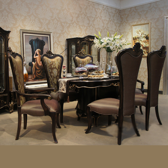 奢华新古典派诺LACASA 餐厅六人位黑色餐桌椅欧美式进口实木家具