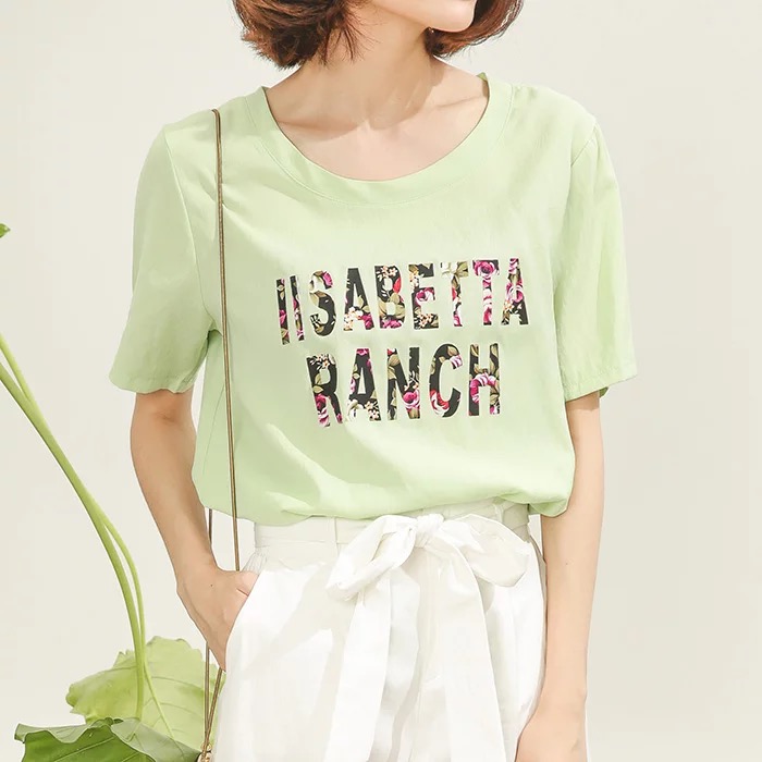 2015夏季新款女装 烫花字母圆领套头竹节麻棉短袖t恤百搭