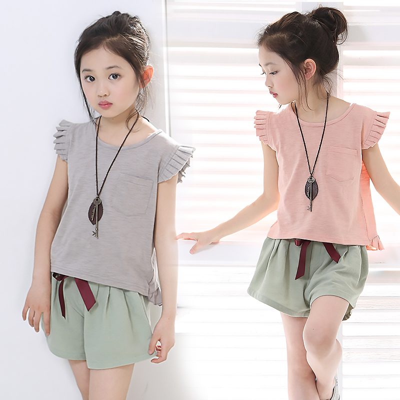 童装女童夏装2016新款韩版中大童短袖棉麻两件套儿童套装