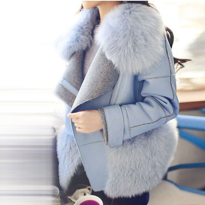 2015冬装新款韩版时尚修身狐狸毛领短款毛呢外套加厚皮草呢大衣女