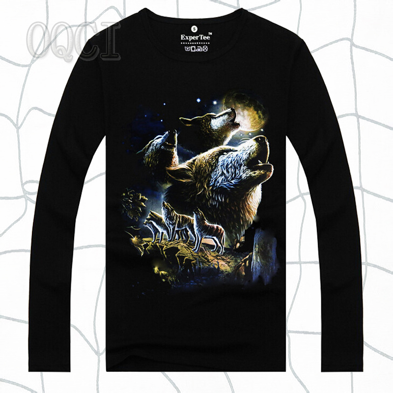 2015秋季新款男长袖t恤3d印花动物图案狼图腾全纯棉黑色圆领大码