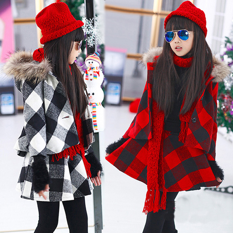 2015冬装新款欧美时尚童装 中大童儿童格子两件套呢子女童套装
