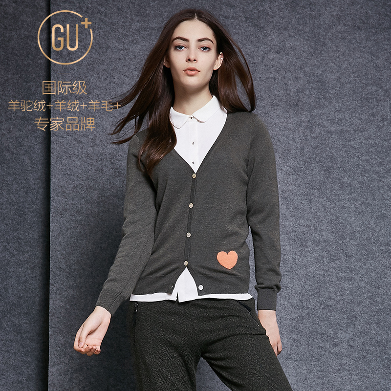 GU+2015秋季女装新款长袖V领套头薄款毛衣 羊毛山羊绒衫 绣花拼接