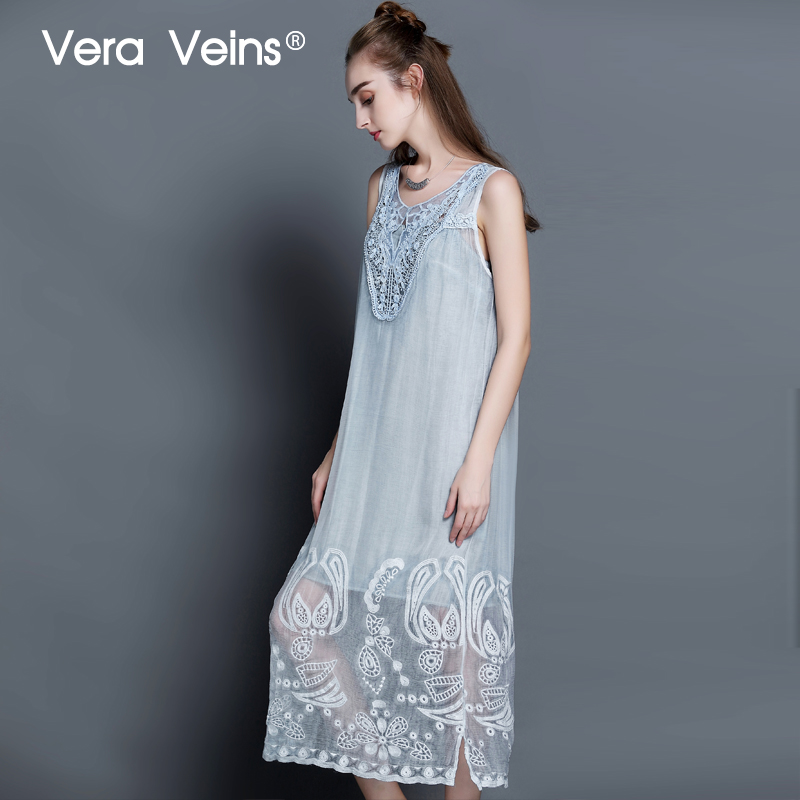 Vera Veins夏季新款中长款桑蚕丝宫廷刺绣花无袖真丝长裙 连衣裙