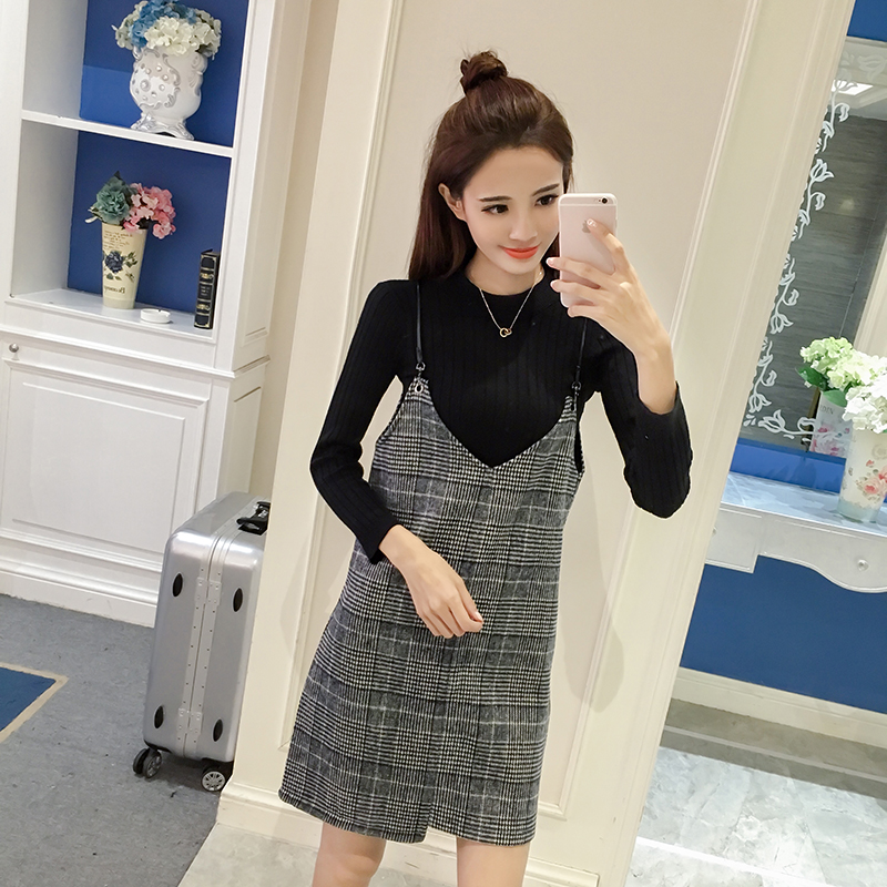 2016韩版秋季新款宽松显瘦格子吊带连衣裙气质呢子裙毛衣两件