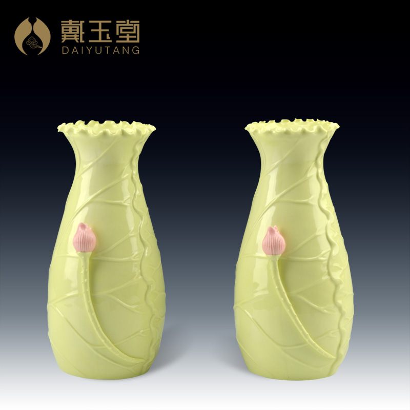 清新陶瓷工艺品创意礼品供佛前佛教用品/荷叶花瓶一对/纯手工制作