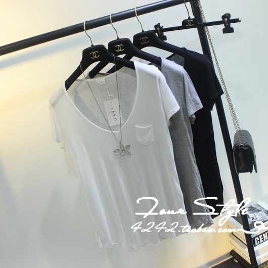 韩国lab1夏装新款纯色圆领修身基本款短袖小口袋薄款T恤女上衣