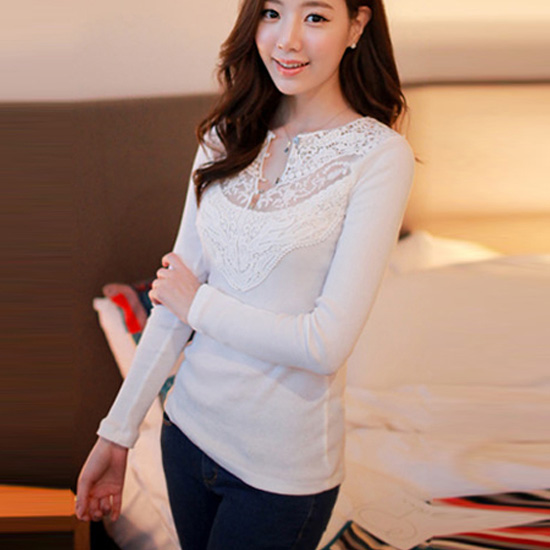 2015秋冬新款韩版长袖T恤女夏 蕾丝修身显瘦上衣性感拼接女装潮