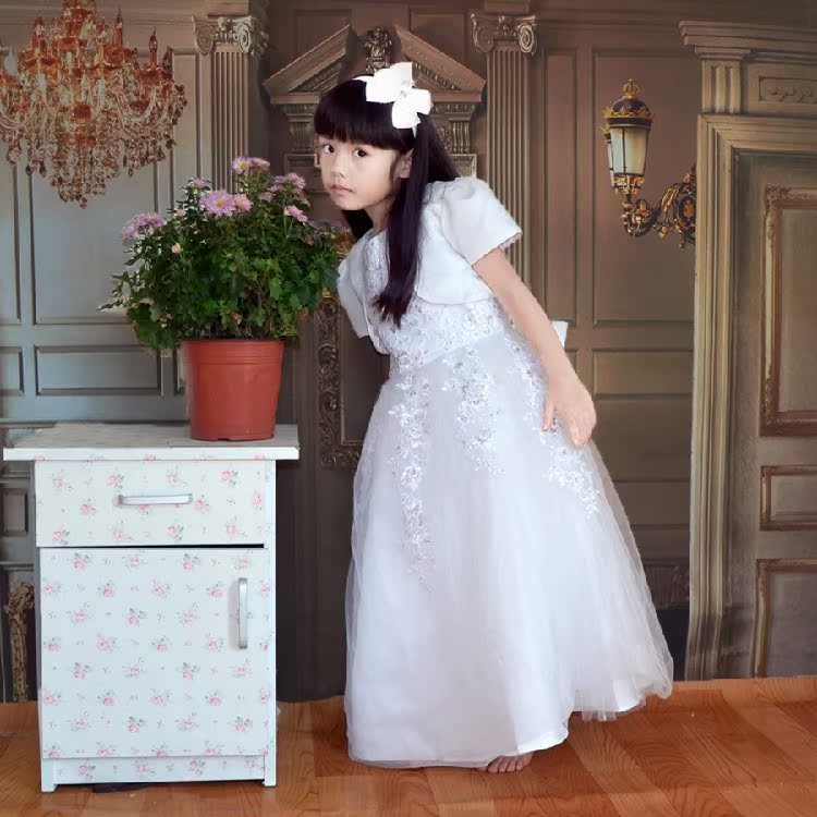 儿童礼服裙公主裙韩版花童礼服裙儿童婚纱白色走秀演出齐地晚礼服