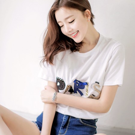 韩国正品代购 attrangs夏季新款烫金字母韩版休闲百搭时尚短袖T恤