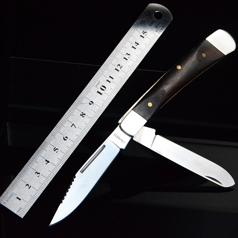 木质钢头刀 折叠小刀多功能不锈钢双刃口袋小刀子水果刀户外刀具