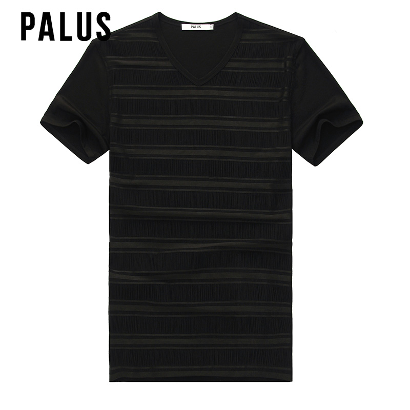 PALUS夏季韩版新款男装潮 2015褶皱条纹个性男士短袖T恤体恤衫