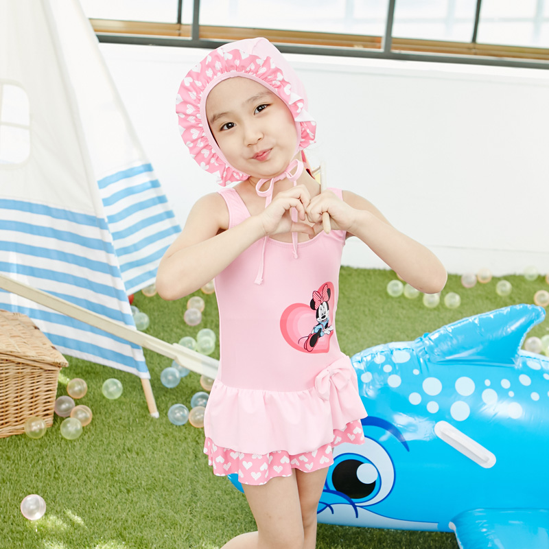 新款儿童泳装女童大童连体韩版裙式泳衣拍立减5元2岁4岁5岁带泳帽