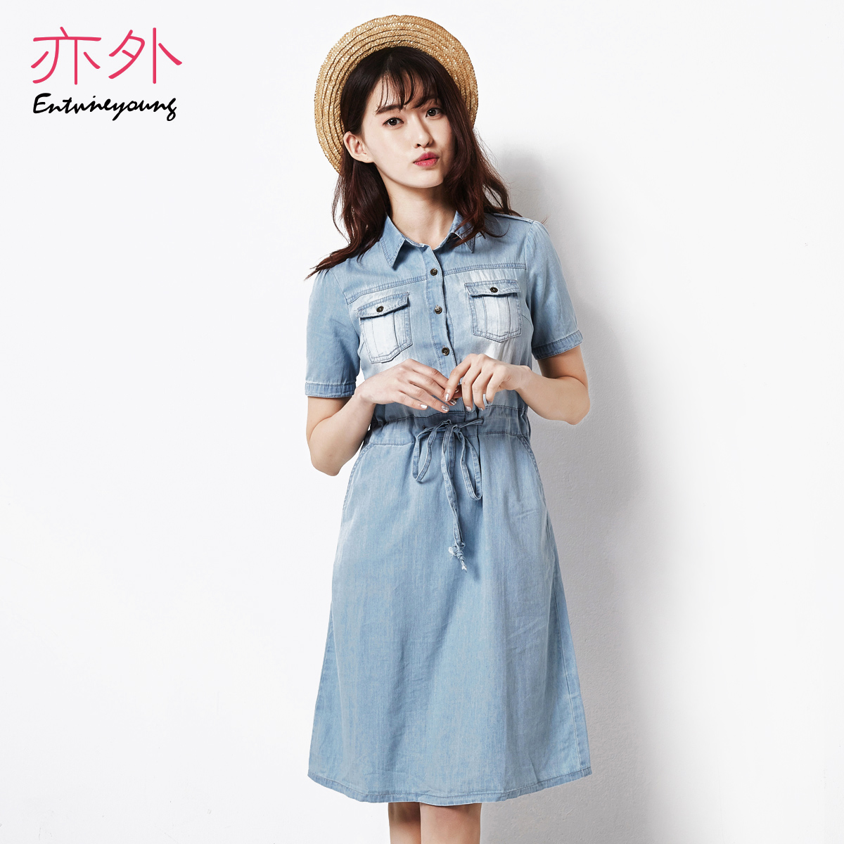 2015夏季短袖牛仔连衣裙韩版中长款松紧腰修身薄款牛仔裙夏裙包邮