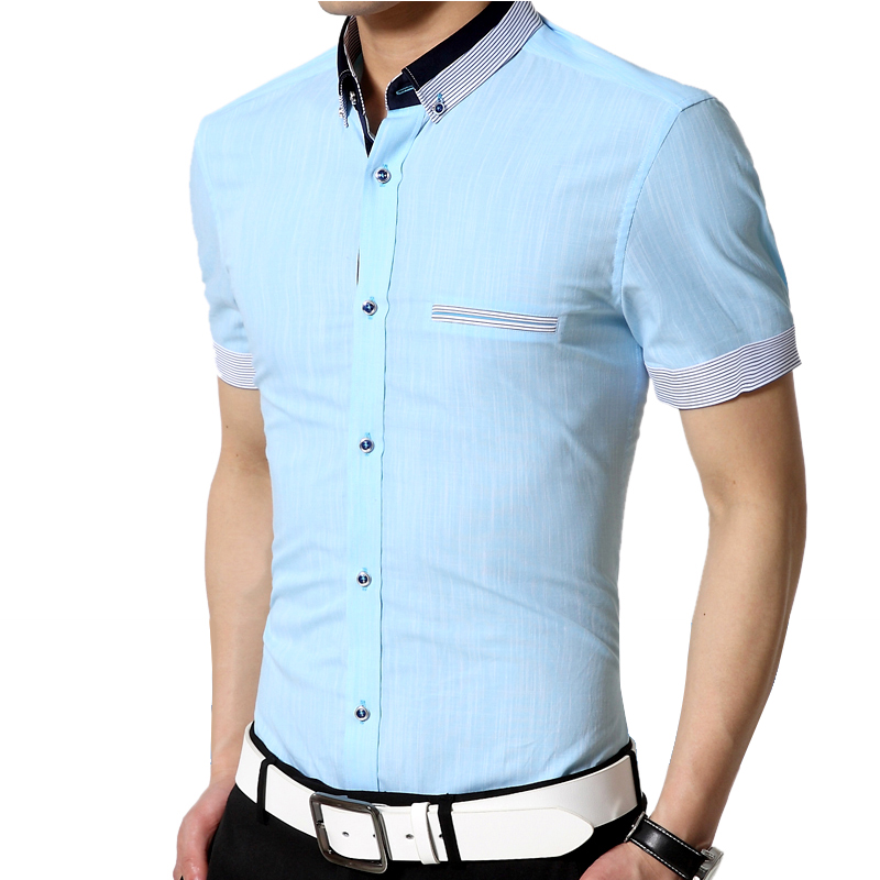 男士韩版亚麻衬衫纯色夏季薄款时尚商务青年潮流修身型短袖衬衣