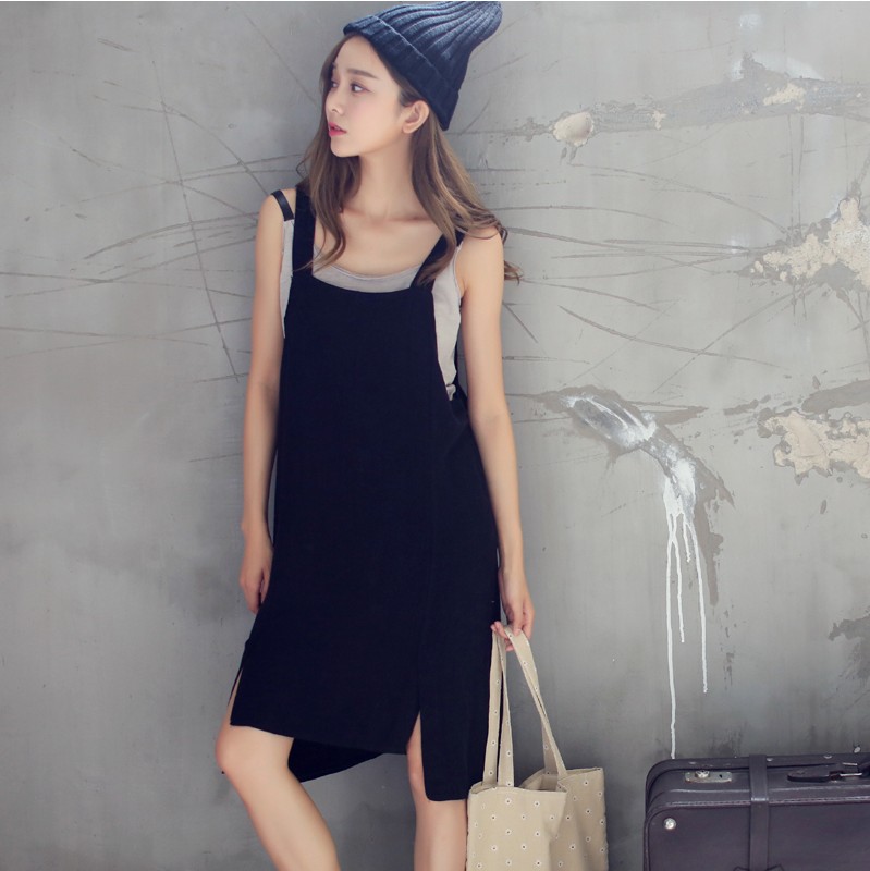 韩国代购棉麻黑色背带裙2015夏新款前短后长亚麻中长款吊带裙甜美