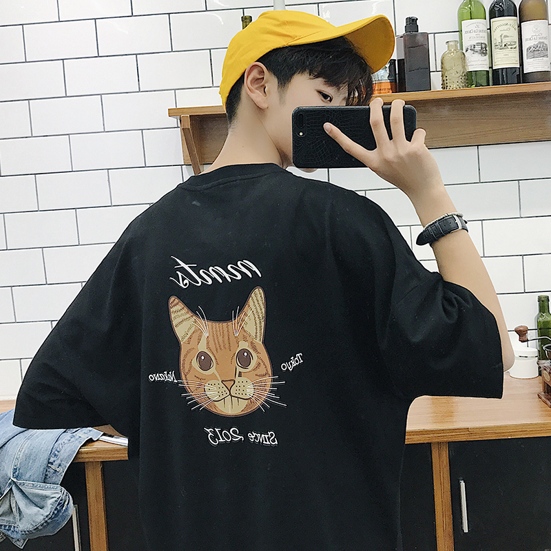 QNMB韩国男装夏季圆领T恤可爱学院风小猫印花日系休闲青春宽松T恤