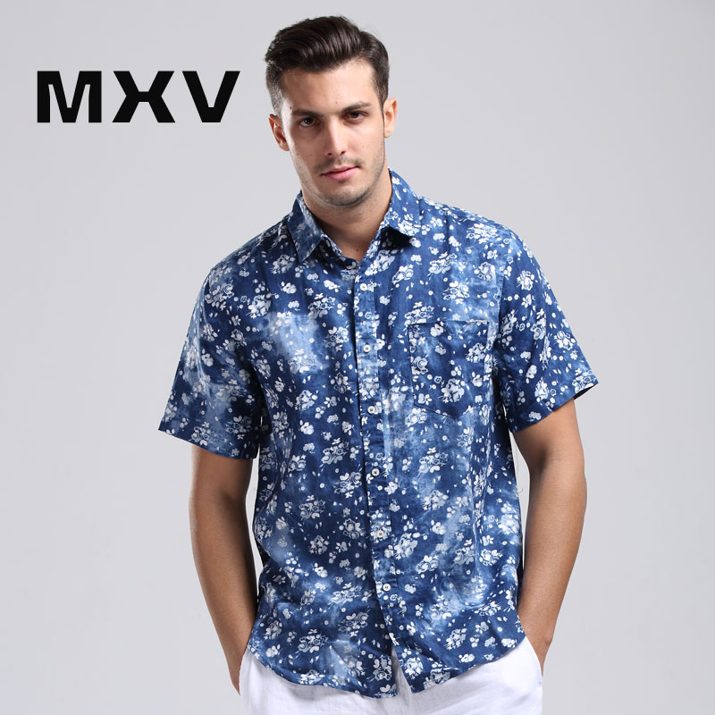 MXV100%高档纯亚麻男士短袖衬衫印花衬衫麻衬衣时尚海岛度假风