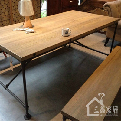 美式乡村loft创意复古做旧实木餐桌椅组合水管桌腿办公桌会议桌椅