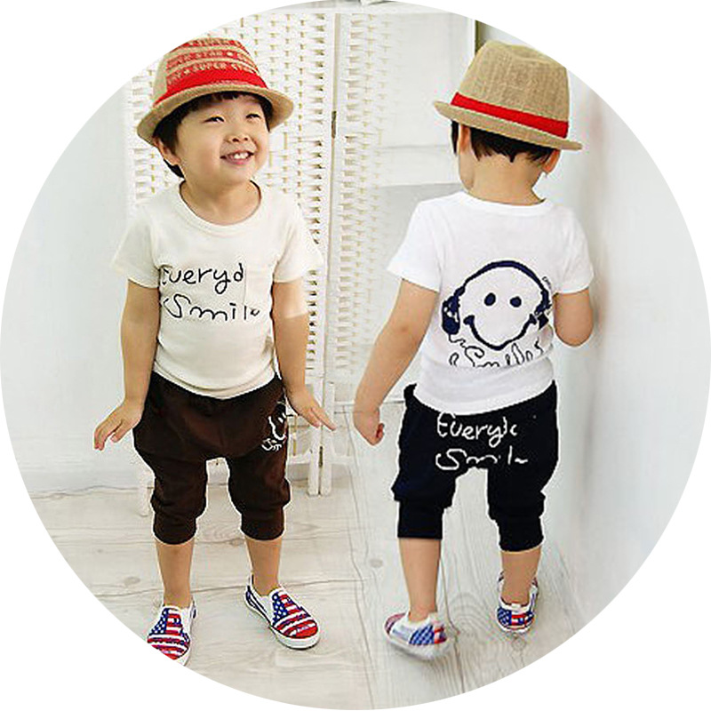 2016夏季新品儿童短袖T恤+童裤韩版纯棉童装耳机印花童套装两件套