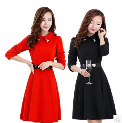 2015秋季新款韩版女装修身衬衫领钉钻长袖纯色拼接时尚A字连衣裙