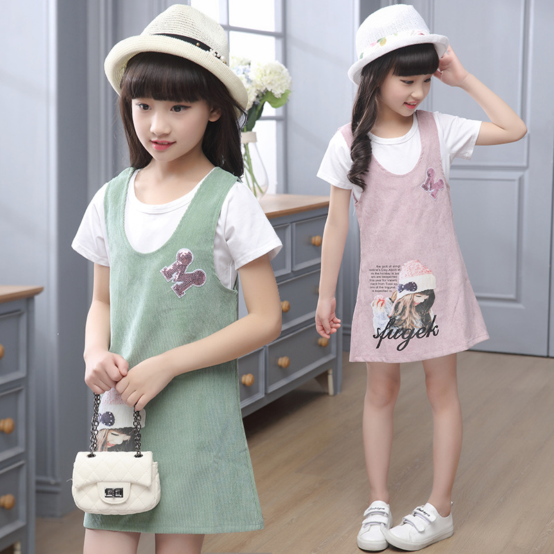 韩版童装女夏装女童裙子两件套韩版中大童短袖连衣裙新款春装代发