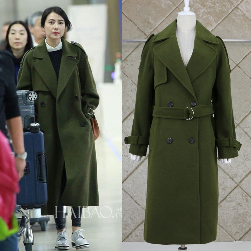 2016秋季时尚新款韩版高圆圆明星同款军绿色毛呢中长款大衣