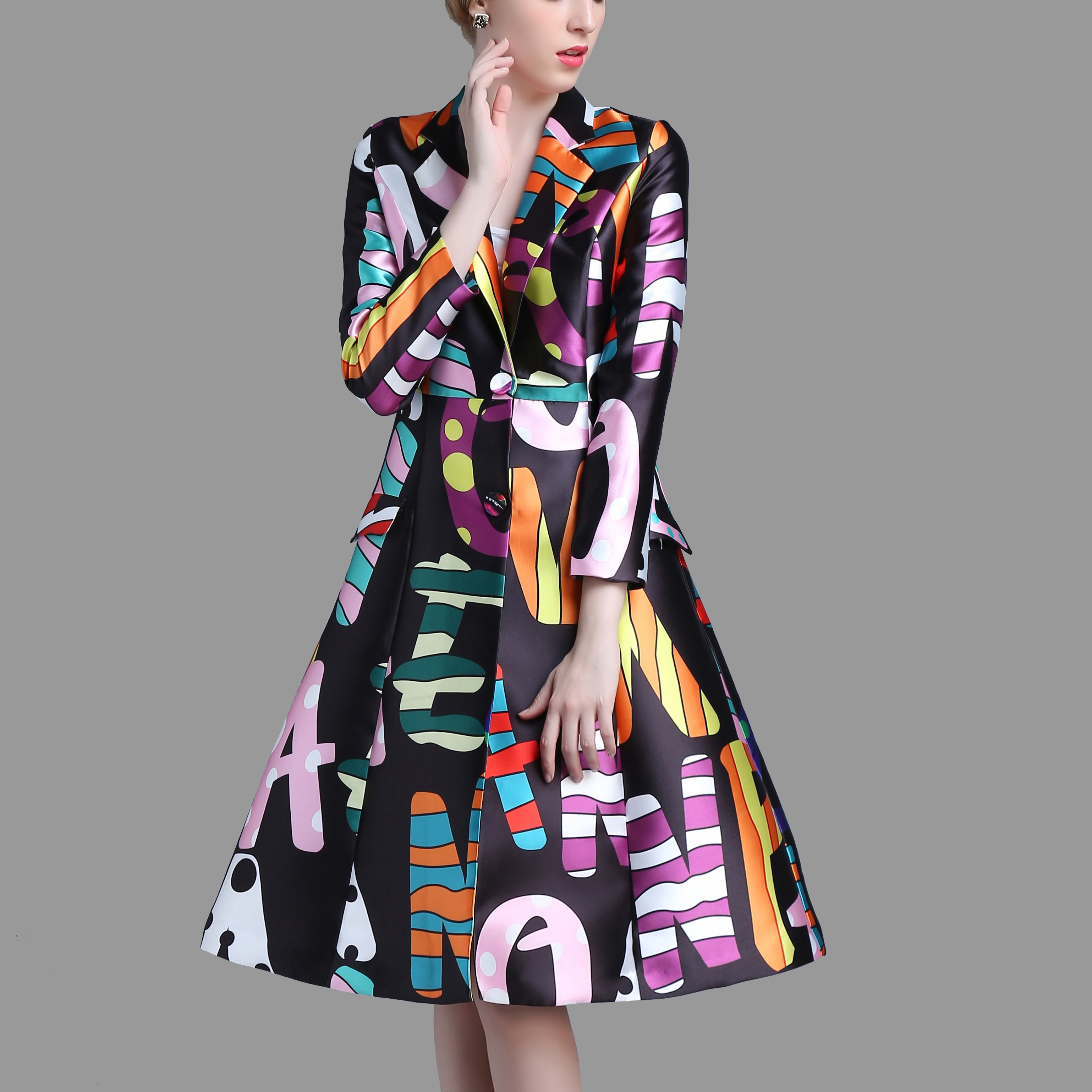 欧洲站2015秋装新款印花单排扣大码显瘦长款气质女式秋装风衣外套