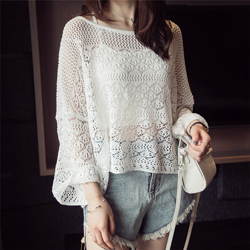 2015夏季新款 韩版精美喇叭袖镂空针织衫 罩衫防晒衫 女