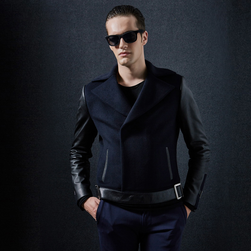 2015新款高端定制羊毛呢子大衣夹克 潮流拼皮皮袖羊绒短款男外套