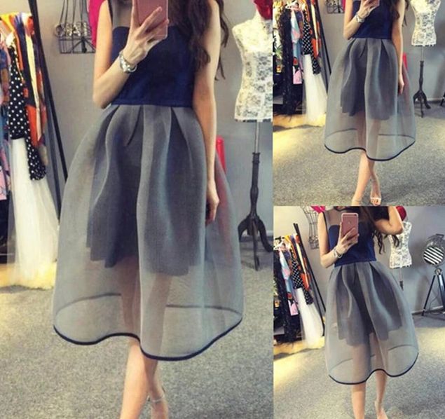 韩版女装2015春夏季新款 性感显瘦网纱拼接收腰蓬蓬连衣裙