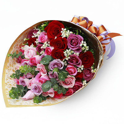 生日时尚鲜花店专业送鲜花紫红粉玫瑰36朵高档包装市区内包送货