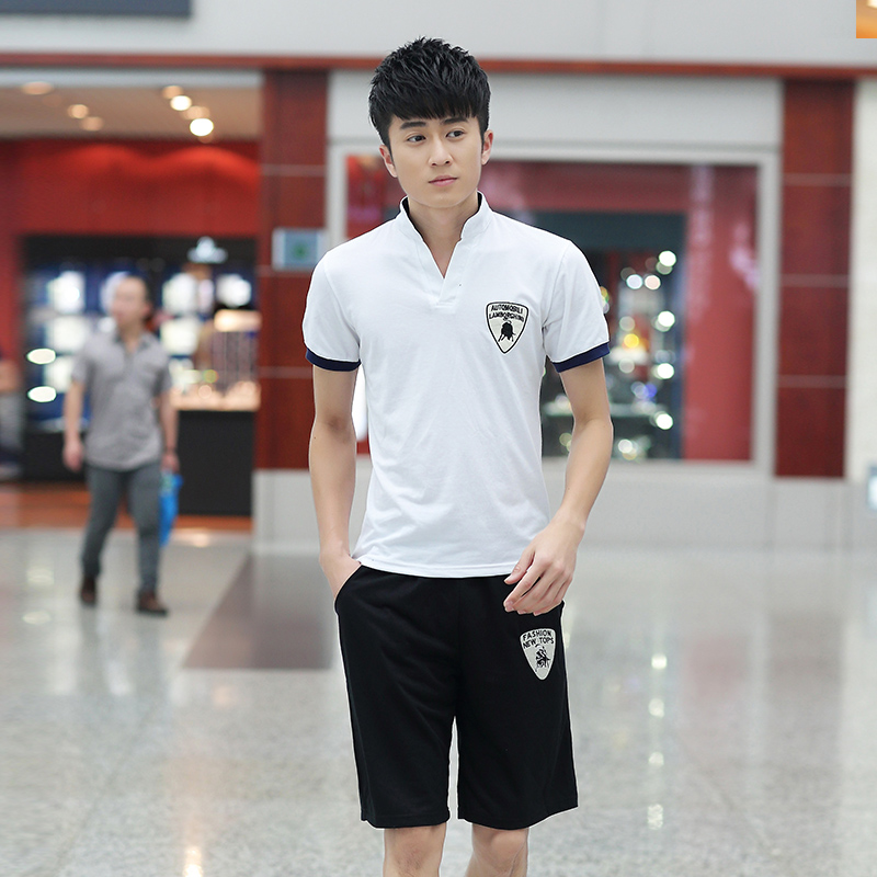 2015薄款新款夏季男士短袖T恤立领韩版修身潮男纯棉运动短裤套装